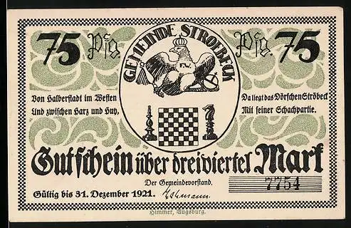Notgeld Stroebeck 1921, 75 Pfennig, Herzog Ludwig Rudolf von Braunschweig und der Dorfschulze Söllig spielen Schach