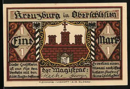 Notgeld Kreuzburg in Oberschlesien, 1 Mark, Wappen und Kampf gegen die Heiden