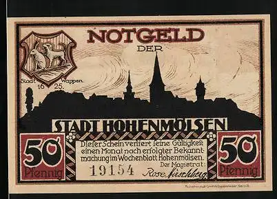 Notgeld Hohenmölsen, 50 Pfennig, Stadtsilhouette mit Wappen und der Melser Markt