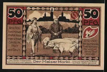 Notgeld Hohenmölsen, 50 Pfennig, Stadtsilhouette mit Wappen und der Melser Markt