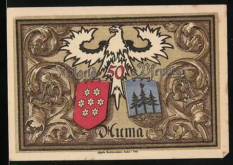 Notgeld Auma 1921, 50 Pfennig, Adler mit Wappen, Ortspartie im Winter, Arbeiter mit Hammer und Sämann