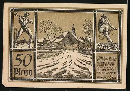 Notgeld Auma 1921, 50 Pfennig, Adler mit Wappen, Ortspartie im Winter, Arbeiter mit Hammer und Sämann