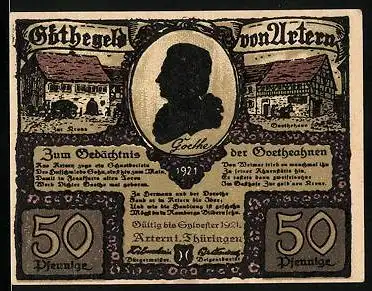Notgeld Artern i. Thüringen 1921, 50 Pfennig, Gasthaus Zur Krone und Goethehaus, junges Paar unter einem Baum