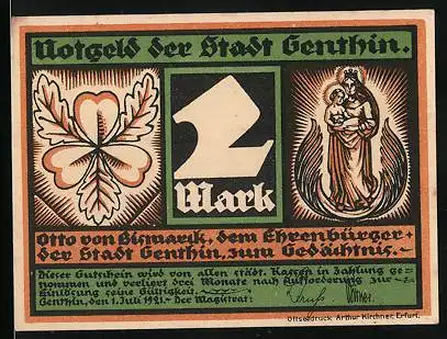 Notgeld Genthin 1921, 2 Mark, Wappen, Portrait v. Bismarck, Ehrenbürger der Stadt