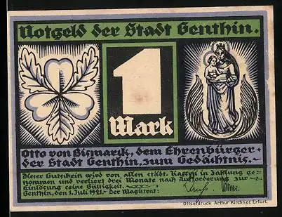 Notgeld Genthin 1921, 1 Mark, Wappen, Portrait v. Bismarck, Ehrenbürger der Stadt