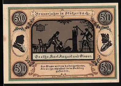 Notgeld Stützerbach 1921, 50 Pfennig, Goethe, Karl August u. Glaser an der Wasserpumpe, Dreiherrenstein u. alte Schmiede