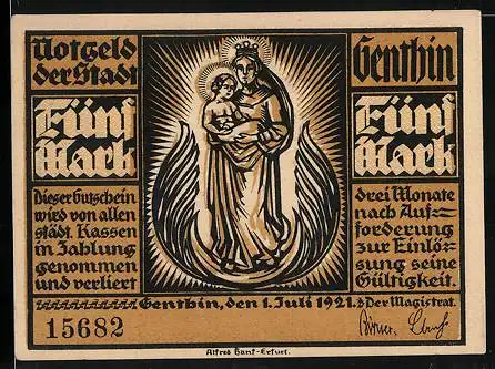 Notgeld Genthin 1921, 5 Mark, Heiligenbild und Teilansicht der Stadt