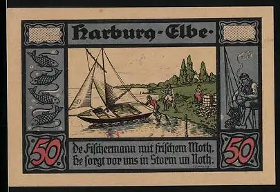 Notgeld Harburg /Elbe 1921, 50 Pfennig, Fischer am Segelboot, Kreissparkasse