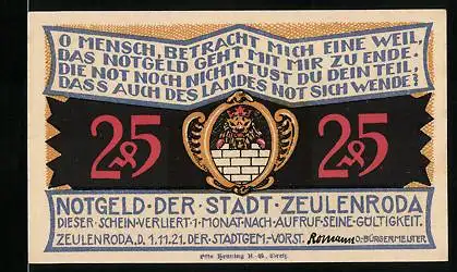 Notgeld Zeulenroda 1921, 25 Pfennig, Wappen, Stadtansicht
