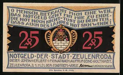 Notgeld Zeulenroda 1921, 25 Pfennig, Ortspartie und Wappen
