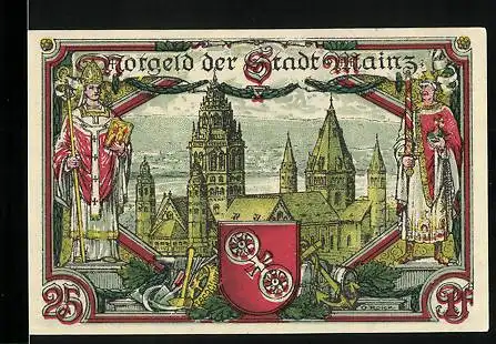 Notgeld Mainz 1921, 25 Pfennig, Mainzer Dom mit Wappen und Stadtansicht