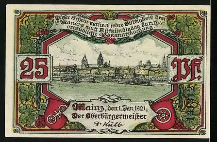 Notgeld Mainz 1921, 25 Pfennig, Mainzer Dom mit Wappen und Stadtansicht