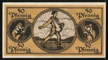 Notgeld Erbach i. Odw. 1918, 50 Pfennig, Hamster und Bauer beim Säen