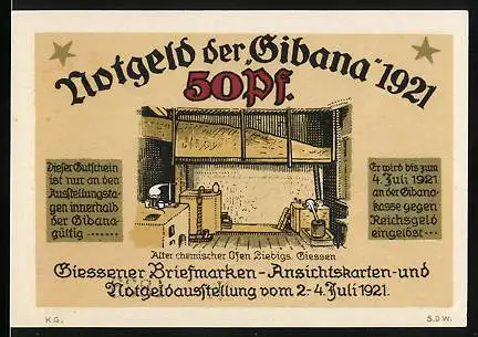 Notgeld Giessen 1921, 50 Pfennig, Alter chemischer Ofen Liebigs, Liebigs Laboratorium