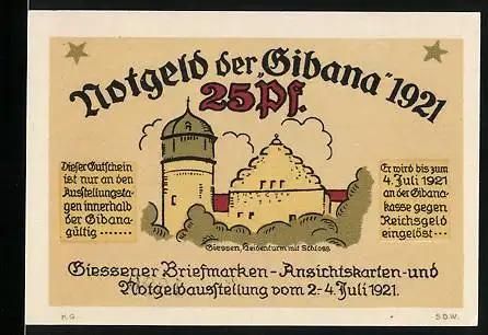 Notgeld Giessen 1921, 25 Pfennig, Heidenturm mit Schloss, Liebig-Denkmal