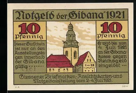 Notgeld Giessen 1921, 10 Pfennig, Kirche, Portrait Justus Liebig