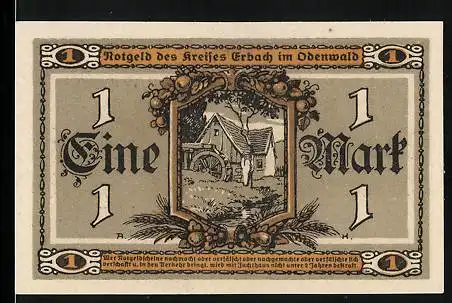 Notgeld Erbach i. Odw. 1918, 1 Mark, Wassermühle, Bäuerin mit Getreidegarbe