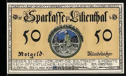 Notgeld Lilienthal 1921, 50 Pfennig, Astronom Schroeter beobachtet Sternschnuppe, Portraits Johann Hieronymus Schroeter