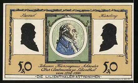 Notgeld Lilienthal 1921, 50 Pfennig, Astronom Schroeter beobachtet Sternschnuppe, Portraits Johann Hieronymus Schroeter