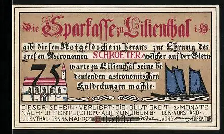 Notgeld Lilienthal 1921, 75 Pfennig, Portraits Johann Hieronymus Schroeter, Bessel und Harding