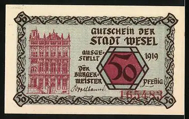 Notgeld Wesel 1921, 50 Pfennig, Wappen und Rathaus