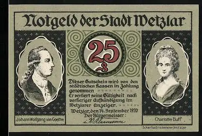 Notgeld Wetzlar 1920, 25 Pfennig, Portrait Johan Wolfgang v. Gothe u. Charlotte Buff, Wappen und Goethebrunnen