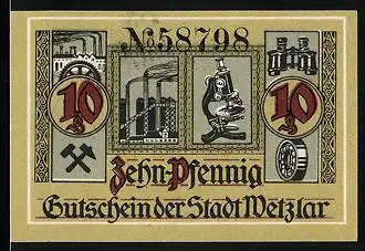 Notgeld Wetzlar 1920, 10 Pfennig, Fabrikanlagen und optische Geräte, Mikroskop und Fernglas