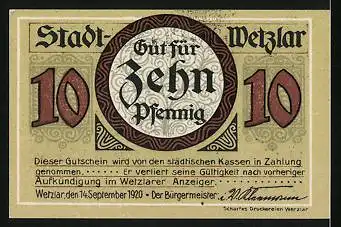 Notgeld Wetzlar 1920, 10 Pfennig, Fabrikanlagen und optische Geräte, Mikroskop und Fernglas