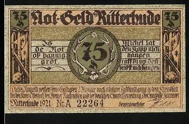 Notgeld Ritterhude 1921, 75 Pfennig, Ritterstatuen, Schloss mit See