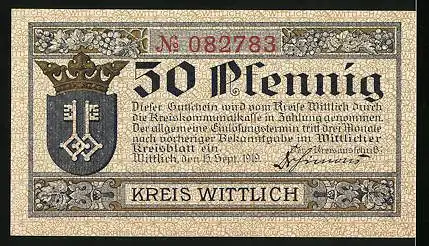 Notgeld Wittlich 1919, 50 Pfennig, Burgen von Manderscheid, Wappen