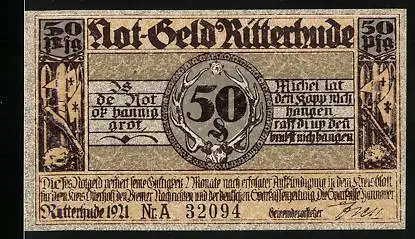 Notgeld Ritterhude 1921, 50 Pfennig, Ritterstatuen, Schloss mit See