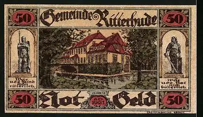 Notgeld Ritterhude 1921, 50 Pfennig, Ritterstatuen, Schloss mit See