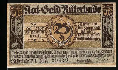 Notgeld Ritterhude 1921, 25 Pfennig, Ritterstatuen, Schloss mit See