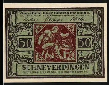 Notgeld Schneverdingen 1921, 50 Pfennig, Schuhmacher bei der Arbeit