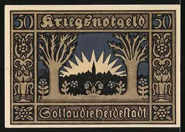 Notgeld Soltau 1918, 50 Pfennig, Sonnenaufgang über den Ort