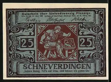 Notgeld Schneverdingen 1921, 25 Pfennig, Schuhmacher bei der Arbeit