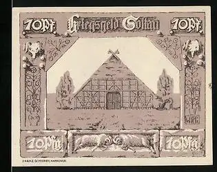 Notgeld Soltau 1919, 10 Pfennig, Landhaus und Kranz mit Eisernem Kreuz