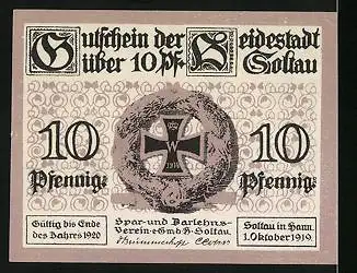 Notgeld Soltau 1919, 10 Pfennig, Landhaus und Kranz mit Eisernem Kreuz