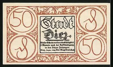 Notgeld Diez 1920, 50 Pfennig, alte Stadtansicht