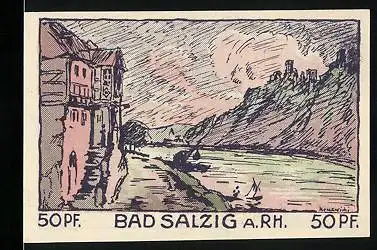 Notgeld Bad Salzig am Rh. 1921, 50 Pfennig, Ortspartie am Rhein, Wanderer Mit Krug