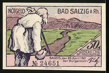 Notgeld Bad Salzig am Rh. 1921, 50 Pfennig, Ortspartie am Rhein, Wanderer Mit Krug