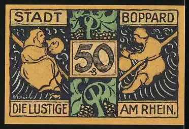 Notgeld Boppard am Rhein 1921, 50 Pfennig, Geistlicher mit Kelch auf einer Säule, Die Lustige am Rhein