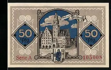Notgeld Allenstein 1921, 50 Pfennig, Rathaus mit Wappen, Adlerkampf-Wir sind Deutsch u. bleiben Deutsch