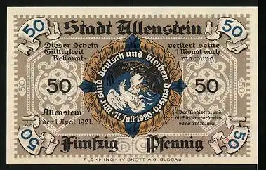 Notgeld Allenstein 1921, 50 Pfennig, Rathaus mit Wappen, Adlerkampf-Wir sind Deutsch u. bleiben Deutsch