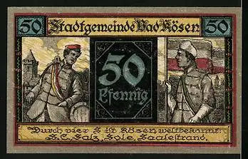 Notgeld Bad Kösen 1921, 50 Pfennig, Stadtwappen, ein Starkenburger und ein Saxoborusse aus Heidelberg