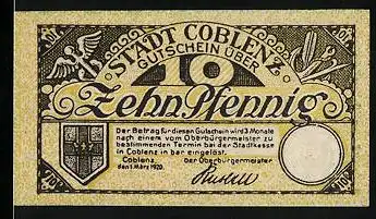 Notgeld Coblenz 1920, 10 Pfennig, Wappen