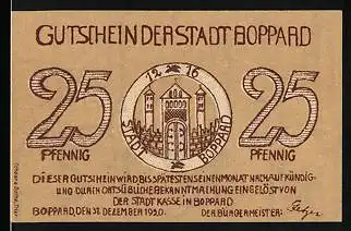 Notgeld Boppard 1920, 25 Pfennig, Wappen und Ortspartie