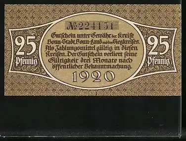 Notgeld Bonn 1920, 25 Pfennig, Männer bewegen grossen Felsen