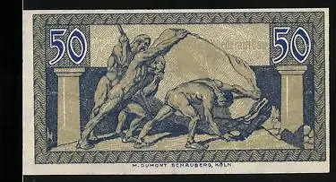 Notgeld Bonn 1920, 50 Pfennig, Männer bewegen grossen Felsen