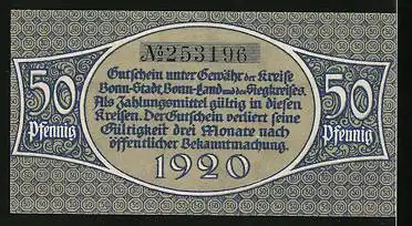 Notgeld Bonn 1920, 50 Pfennig, Männer bewegen grossen Felsen